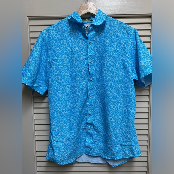 Marti Kat Shirt Mens Small Blue Short Sleeve Button Up Geometric Beach Vacation - Picture 1 of 11